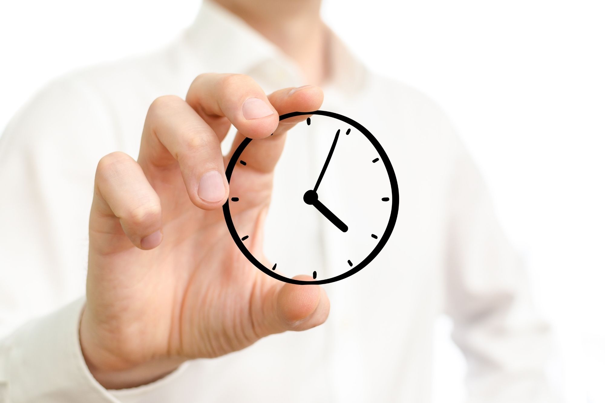 A man in a white button-up shirt holds a black clock icon in the foreground.