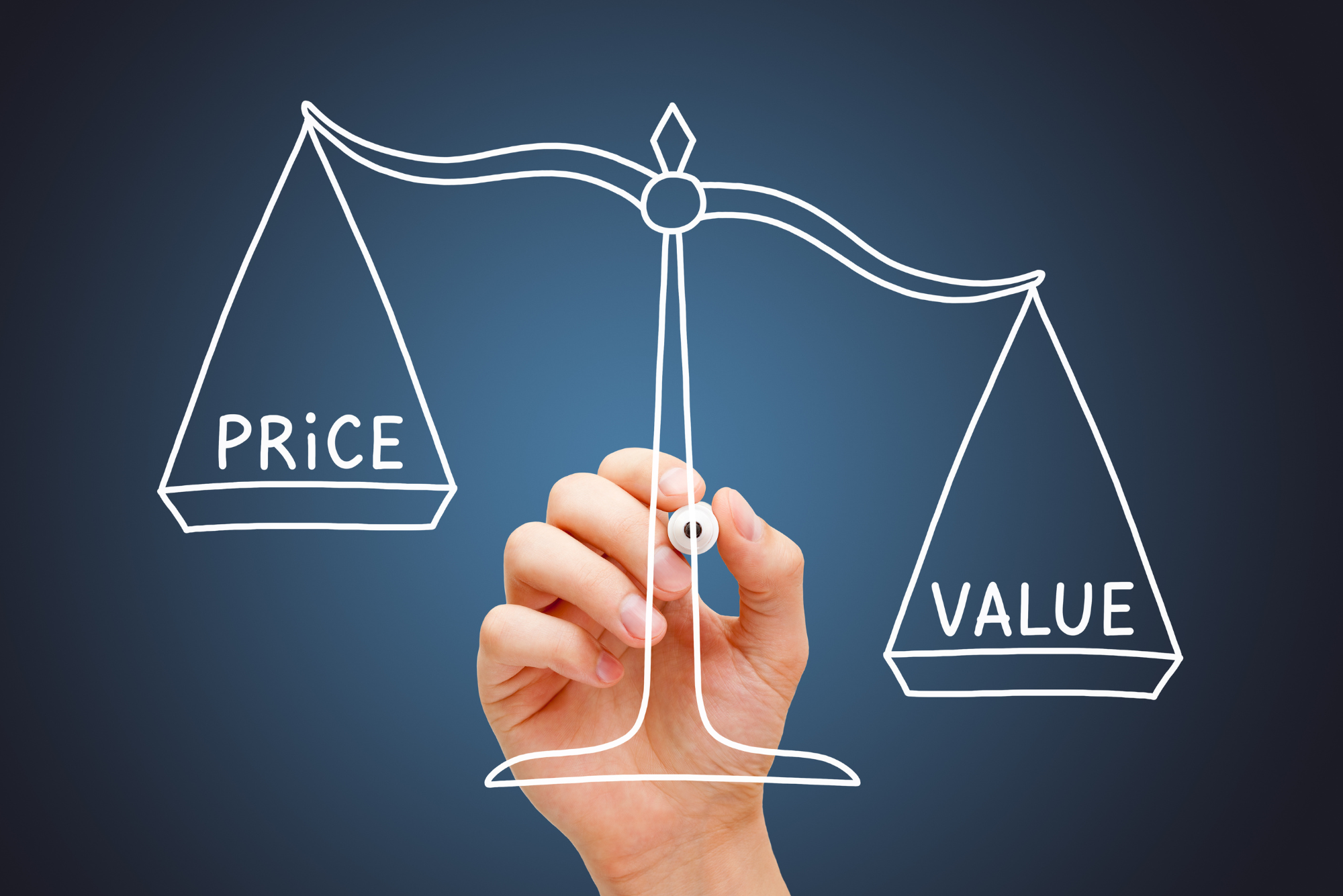 A scale drawn in white on a blue background balances the words price and value on either side, value holding more weight.