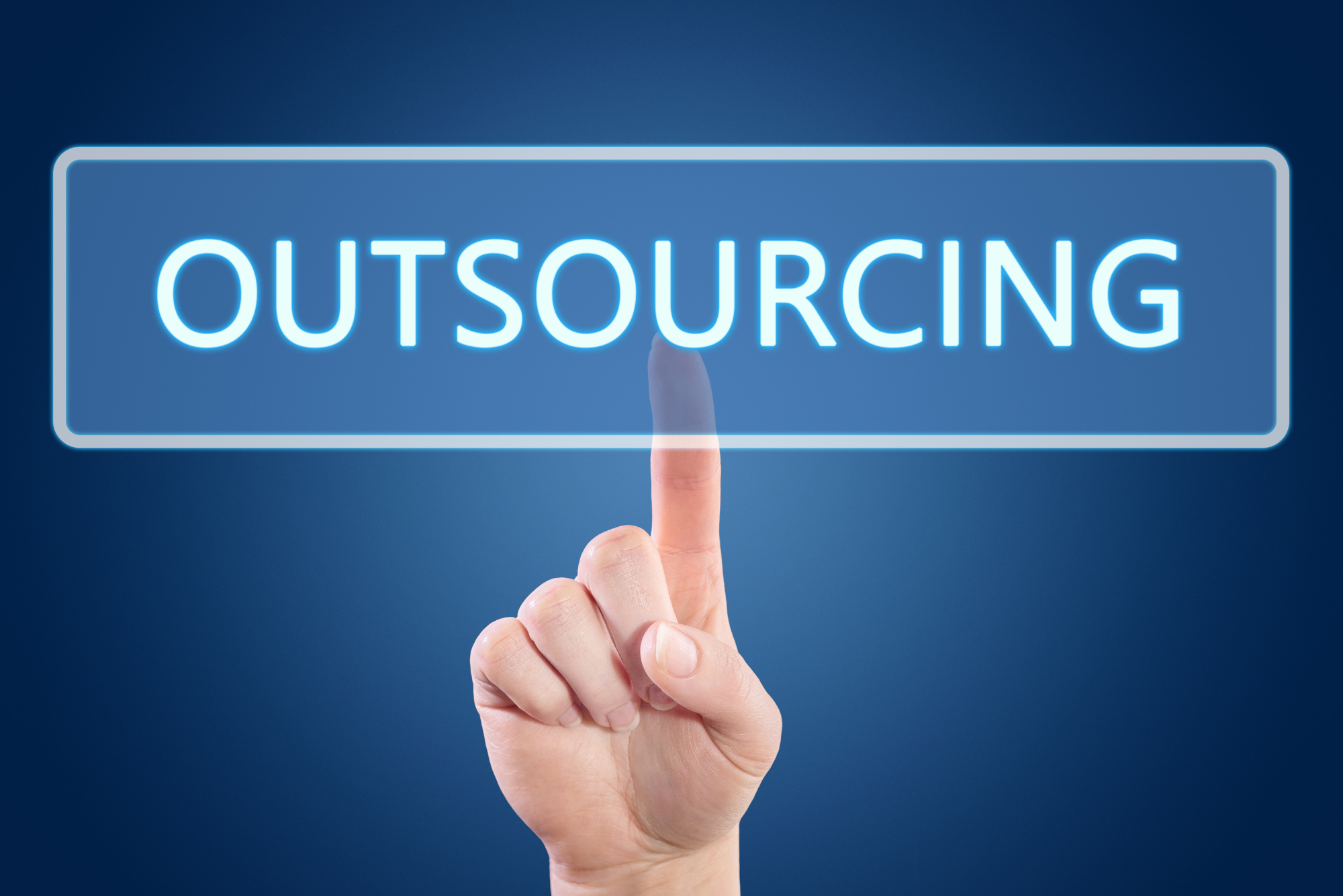 A hand points to the back of a transparent rectangle labeled “outsourcing” in front of a blue background.