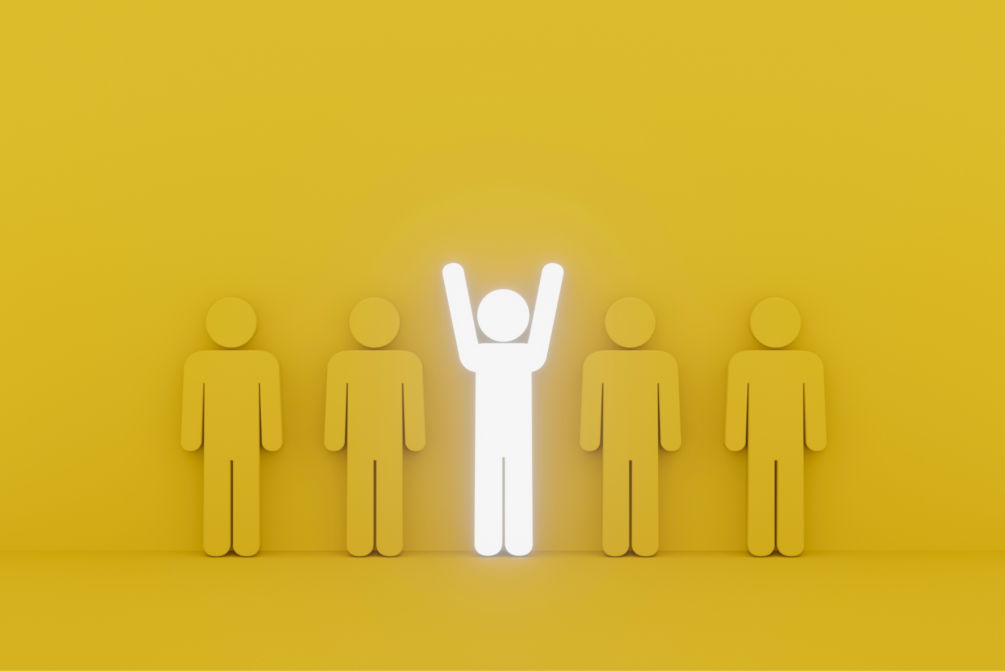 Five human icons line up across a yellow wall, four yellow and one white in the center to represent uniqueness.