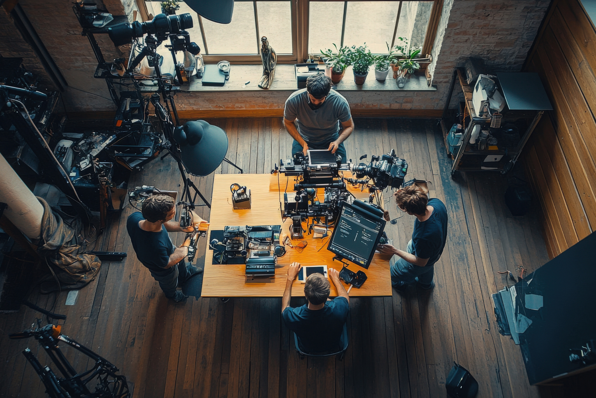 Production crew works together at table with cameras and monitors.