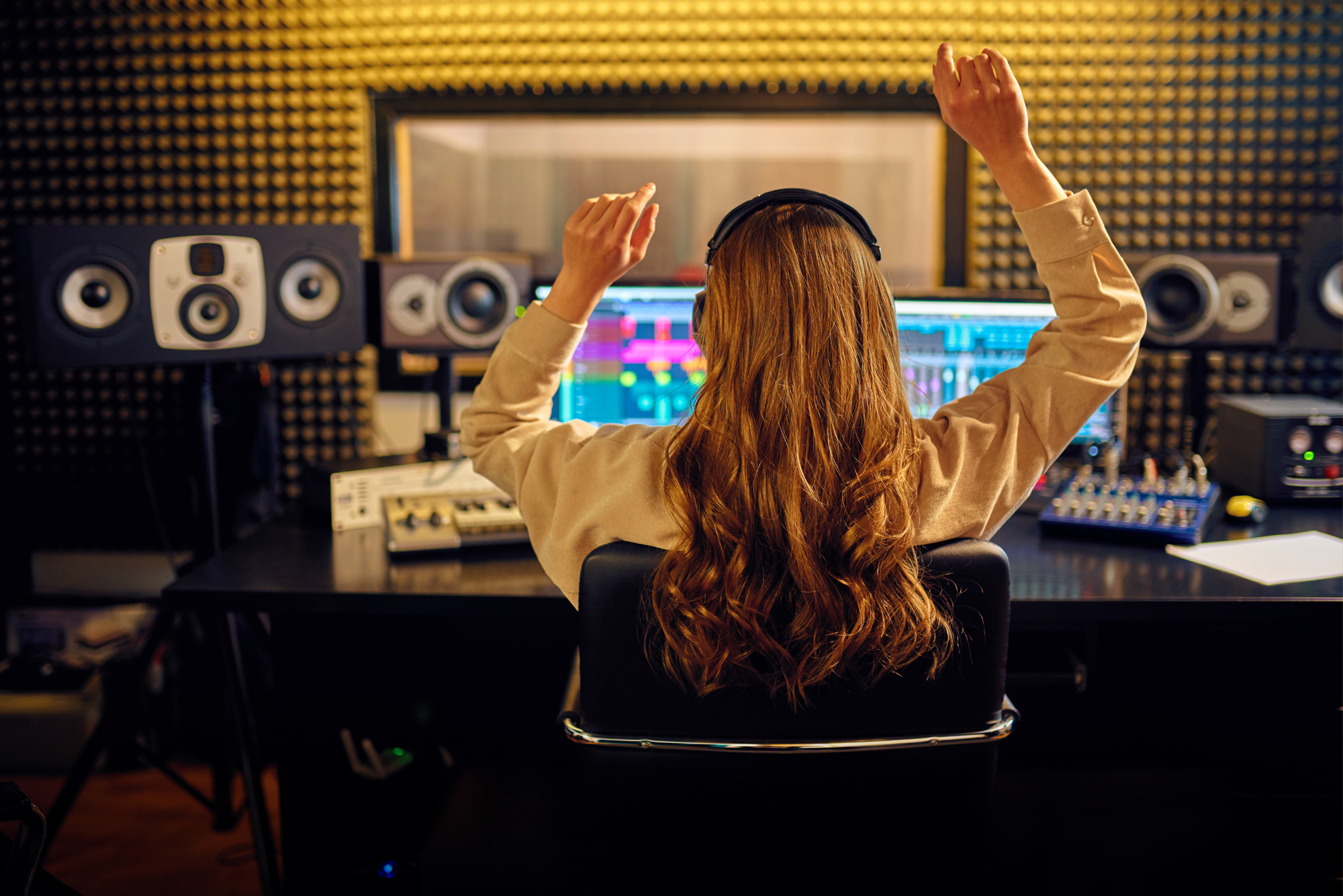A audio professional sits at a mixing console in a recording studio with headphones on.